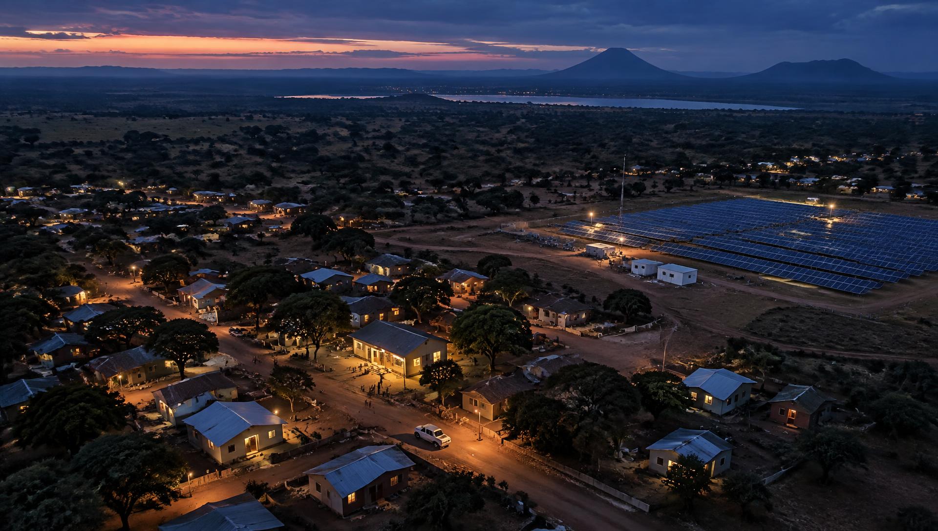 Aerial view of a community powered by a solar mini-grid at dusk
