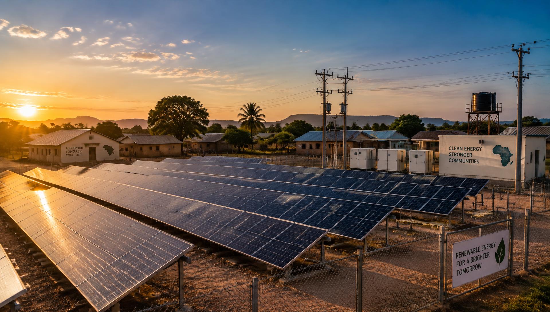 Solar array and distribution infrastructure serving a community at sunrise